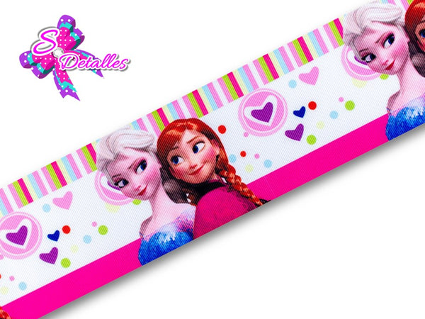 Barrotado Impreso con personajes Disney – Frozen, Princesas, Fondo Blanco, Rayas de colores, Fucsia, Puntos de colores, Elsa y Ana, 