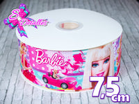 Liston Impreso con personajes Barbie – Muñeca, Fucsia, Rosa, Fondo Multicolor, Carro Barbie, Rostro Babie, 