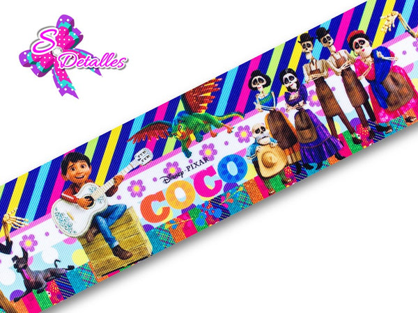 Barrotado Impreso con personajes Disney – Coco, Catrinas, Calaveras, Fondo Multicolor, Rayas, Guitarra, 