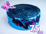 LBL07022 - Listón Lentejuela Reversible de 7,5 cm - Azul/Fucsia (por metro)